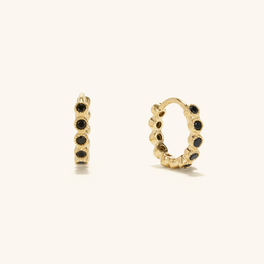 Black Beaded Eternity Hoops [10K Solid Gold]
